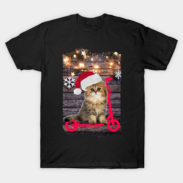 Merry Christmas Kitty Cat on Scooter T-Shirt by Skate Galaxy